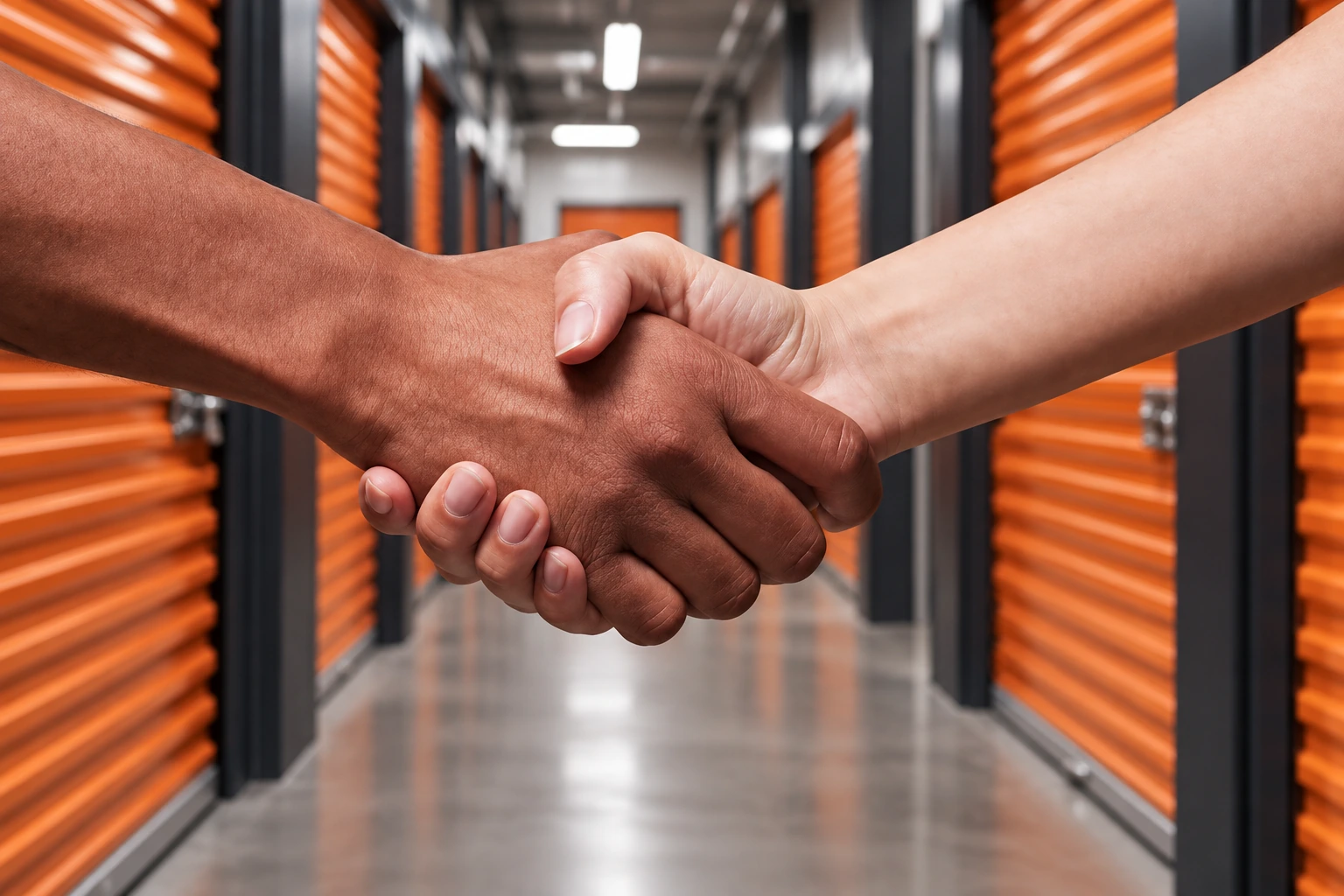 Handshake in a storage hallway