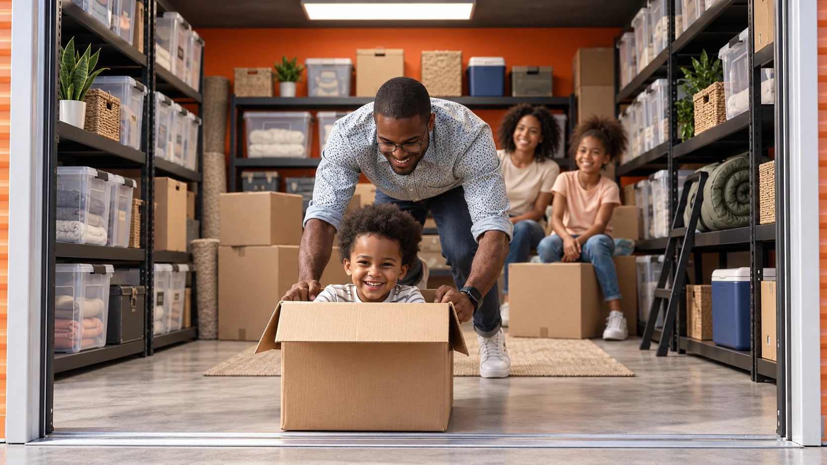 Family playing with a moving box