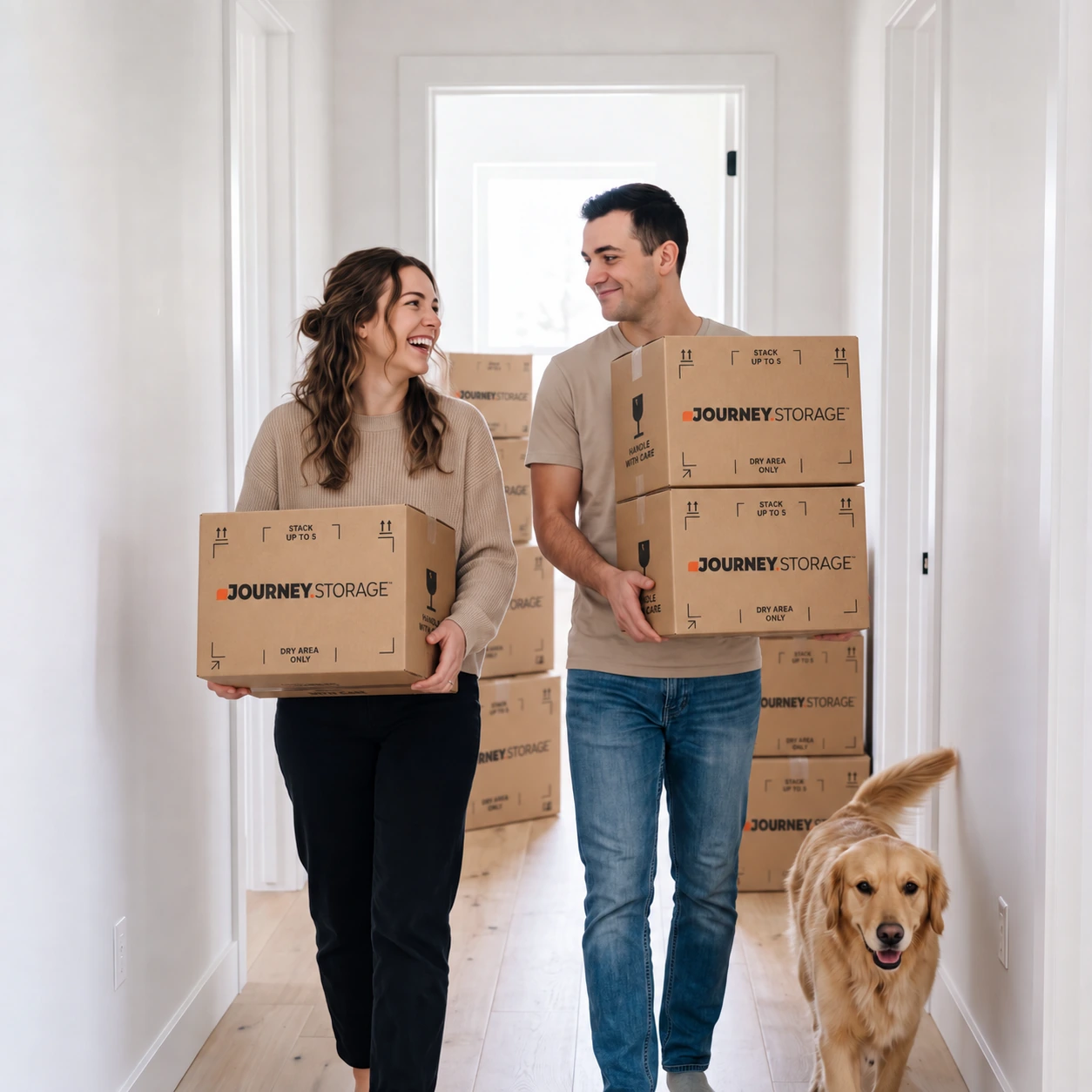Couple carrying Journey.Storage boxes