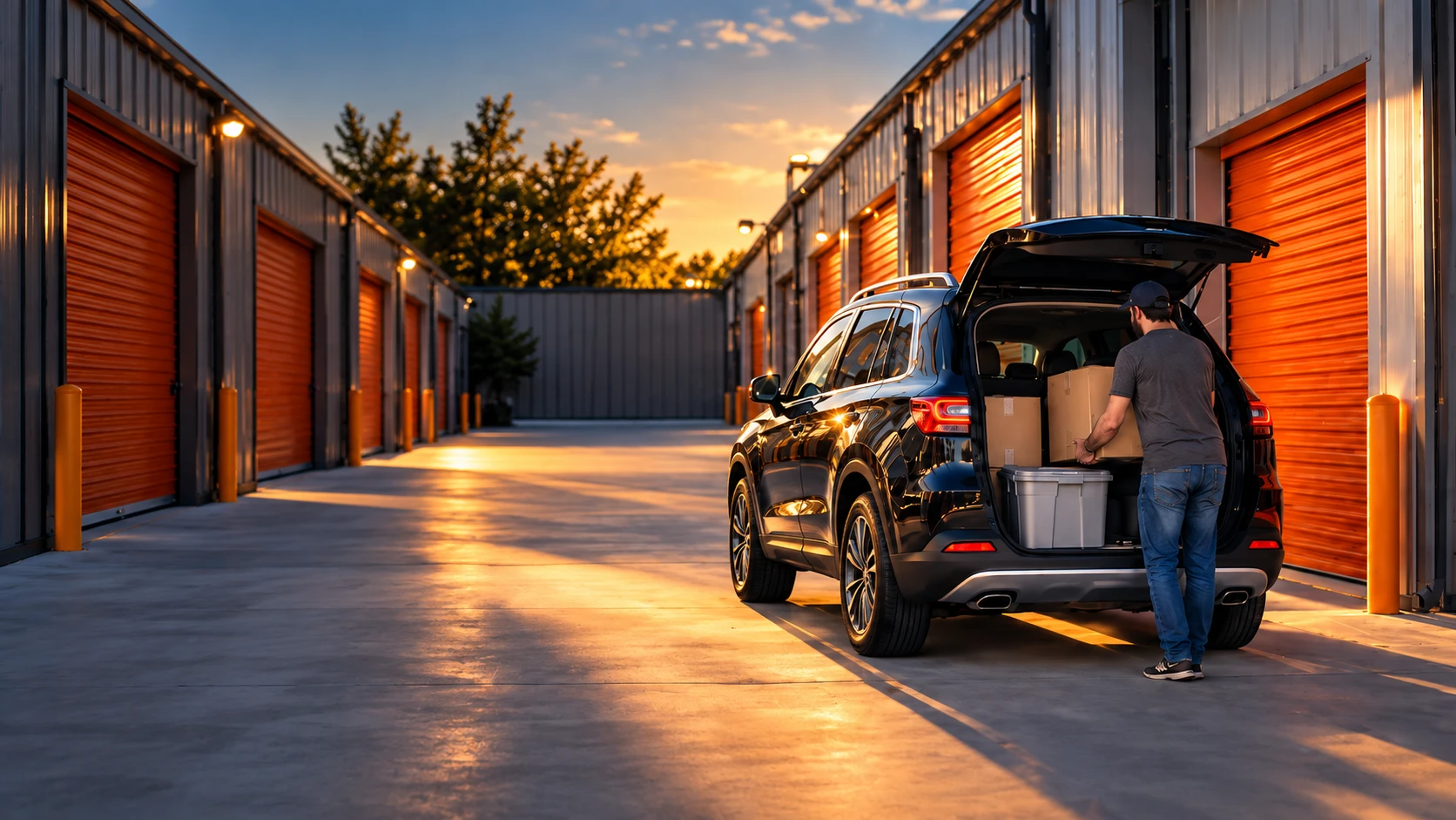 Drive-up storage units at sunset with a customer loading an SUV, Granbury TX
