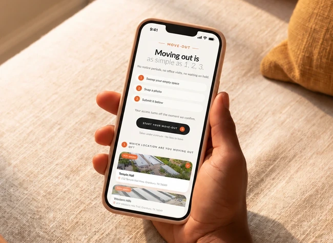 Move-out flow on the app: sweep, snap a photo, submit